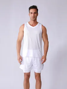 Detail view of men's white breathable mesh athletic tank top and double-layer shorts set