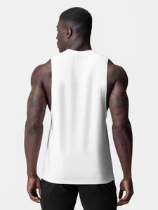 Back view of men's white sports fitness tank with wide armholes and athletic fit