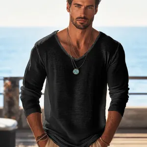 Detailed texture of men's black V-neck thin breathable casual long-sleeved T-shirt