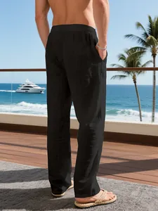 Men's loose black linen pants for casual beach vacation, breathable straight-leg fit