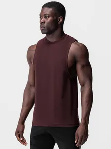 Men's maroon muscle tank top, cotton-blend fitness sleeveless shirt with wide armholes
