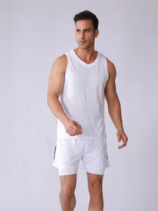 Model wearing a white breathable mesh sports tank top and double-layer shorts set
