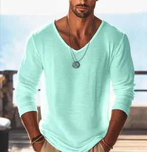 Detailed view of men's mint green V-neck long sleeve breathable casual t-shirt