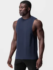 Navy blue men's sports fitness tank top with wide armholes and round neck design