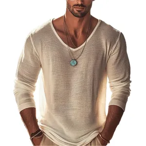 Men's breathable thin V-neck long sleeve T-shirt in solid cream color