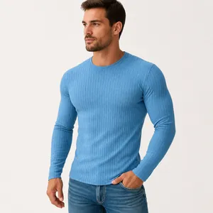 Men's Casual Long Sleeve T-Shirt Ribbed Texture Breathable Stretch Quick Dry Crew Neck Solid Color Sports Fashion Top