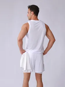Back view of men's breathable white sports tank top and double-layer mesh shorts set