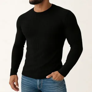 Slim fit black ribbed long sleeve T-shirt for men, breathable and elastic sports top.