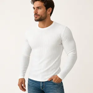 Detail view of men's white ribbed long-sleeve T-shirt with elastic athletic fit