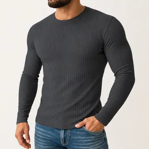 Detail of men's gray ribbed long sleeve t-shirt showing elastic fit and texture