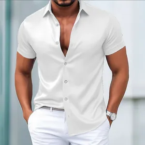Detailed view of a men's shiny white short sleeve button-down shirt with a sleek satin finish