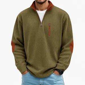 Close-up detail of men's heavy corduroy quarter-zip pullover with contrast elbow patches