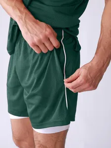 Breathable men's dark green mesh sports set with tank top and double-layer shorts
