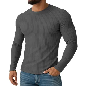 Men's athletic grey ribbed long sleeve t-shirt with slim fit design for casual wear