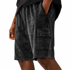 Close-up of men's vintage acid wash cargo shorts featuring a functional side pocket