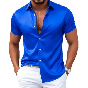 Men's royal blue shiny satin short sleeve shirt for casual clubwear