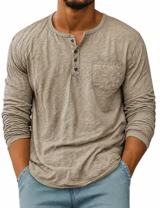 Detail view of men's khaki Henley long-sleeve T-shirt with chest pocket