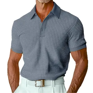 Men's grey waffle knit short sleeve polo shirt for summer casual and sports style