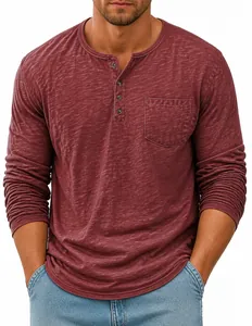 Close-up view of the red long sleeve Henley shirt with slub texture and pocket