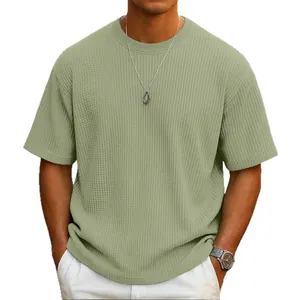 Men's sage green waffle knit short sleeve T-shirt with a casual oversized fit