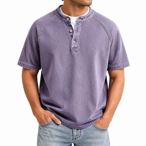 Vintage Herren Baumwolle Henley Hemd Kurzarm Gewaschen Distressed Top Retro Amerikanischer Stil Einfarbig Casual Tee Top
