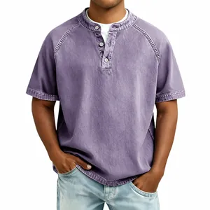 Vintage Men's Cotton Henley Shirt Short Sleeve Washed Distressed Top Retro American Style Solid Color Casual Tee Top