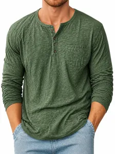 Detail view of men's casual green long sleeve Henley shirt with chest pocket and buttons