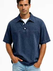 Detailed view of a men's navy blue washed cotton short-sleeve polo shirt with white buttons.