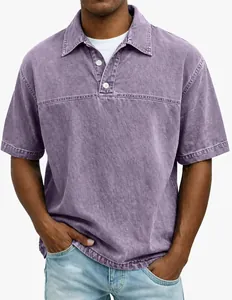 Detailed view of men's vintage washed purple short-sleeved polo shirt with lapel collar