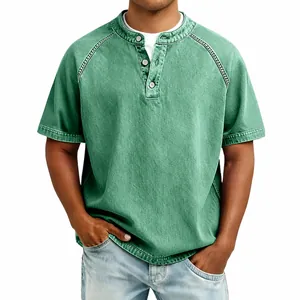 Vintage washed green cotton Henley shirt with button placket detail and raglan sleeve