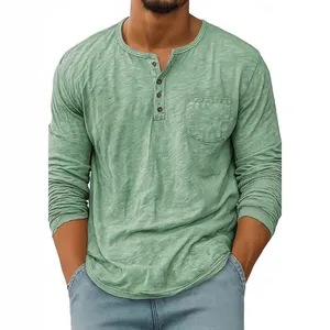Men's American Casual Long Sleeve Henley Shirt Breathable Quick Dry Solid Color Slub Texture T-Shirt With Chest Pocket Top