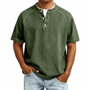 Detailed view of men's vintage olive green washed cotton Henley short sleeve shirt