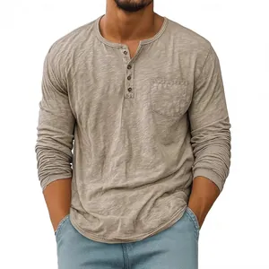 Men's casual long sleeve Henley shirt with chest pocket in breathable khaki fabric