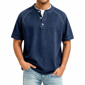 Vintage Herren Henley-Shirt aus gewaschener Baumwolle mit Knopfleiste und Kurzarm