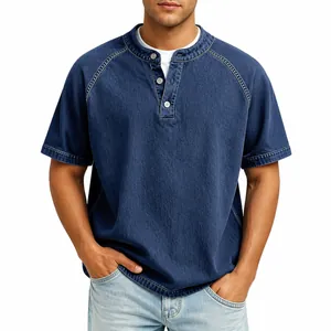 Men's vintage washed cotton Henley shirt with buttoned collar and short sleeves