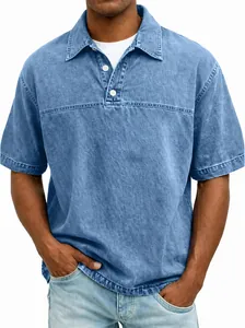 Detailed front view of men's light blue washed denim polo shirt featuring button closure