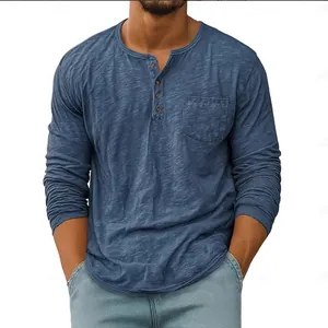 Premium men's casual long sleeve Henley shirt in washed blue featuring a functional chest pocket