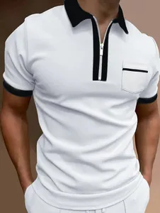 Close-up detail of men's slim fit white polo shirt featuring black contrast collar and zipper