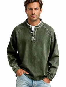 Detailed close-up showing vintage washed cotton texture and buttoned Henley collar design