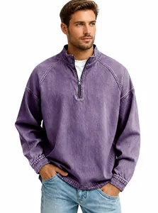 Detail view of men's retro purple washed cotton quarter-zip long sleeve Henley shirt.