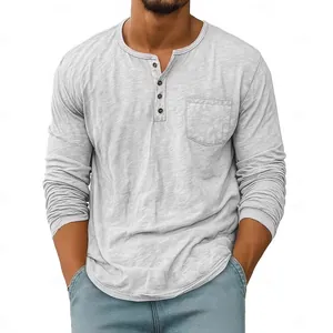 Men's casual long sleeve Henley shirt with chest pocket and breathable fabric