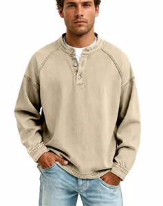 Detailed view of a vintage washed cotton Henley shirt for men in khaki finish