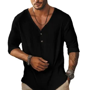 Chemise de plage noire en lin pour homme avec col en V et boutons décontractés chic