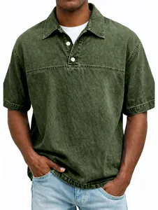 Close-up detail of men's vintage acid wash dark green polo shirt with lapel collar