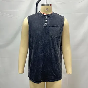 Sleeveless washed grey men's Henley shirt with front chest pocket and three buttons