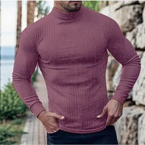 Detailed view of men's purple slim fit turtleneck ribbed long sleeve t-shirt on model