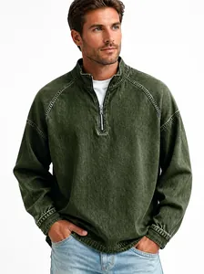 Detailed view of men's vintage washed green heavy cotton half-zip pullover top