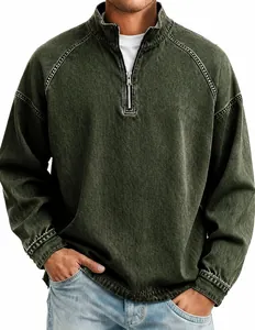 Detailed view of men's vintage washed green heavy cotton half-zip pullover top