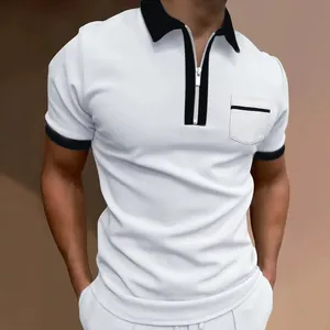 Men's slim fit polo shirt with black contrast collar and zipper neckline detail