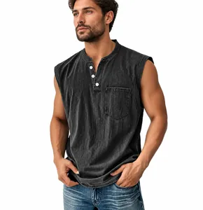 Close-up of men's casual Henley tank top featuring button neck and front pocket detail